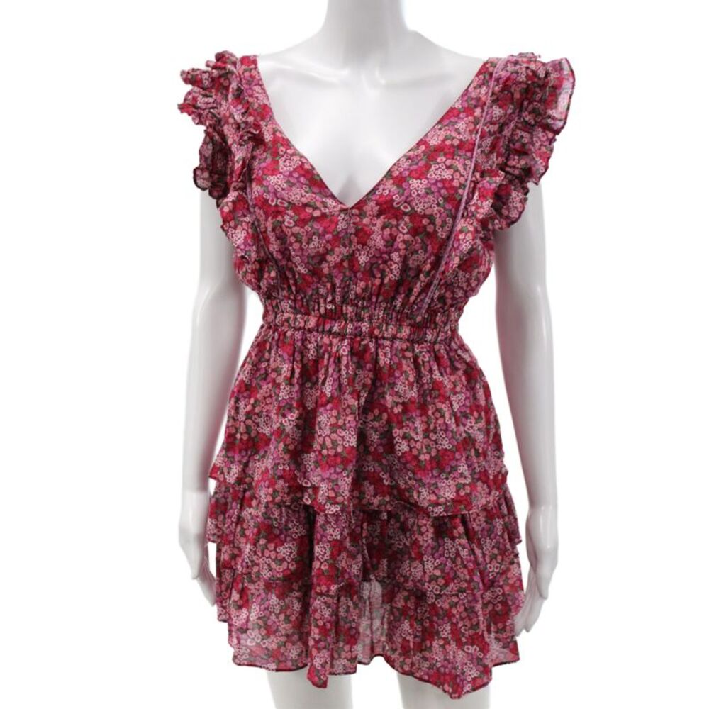 We're All Pretty Girls Womens Mini Sundress Pink Floral V Neck Cotton Size L
